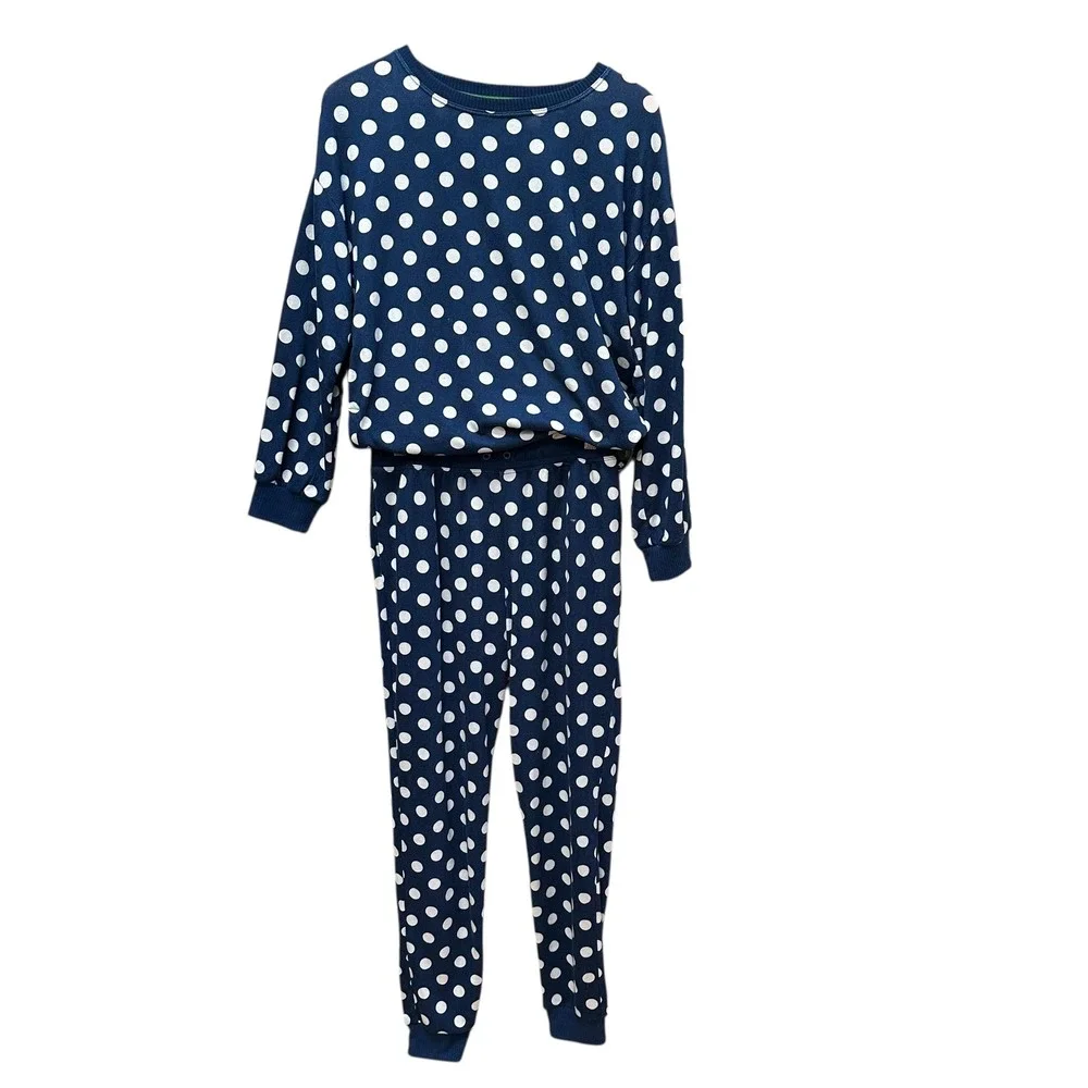 Kate Spade New York‎ Brushed Sweater Knit Long Sleeve PJ Set Blue Polka Dot SM